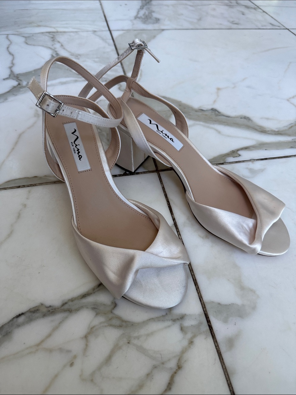 Nina Champagne Satin Block Heel Sandals